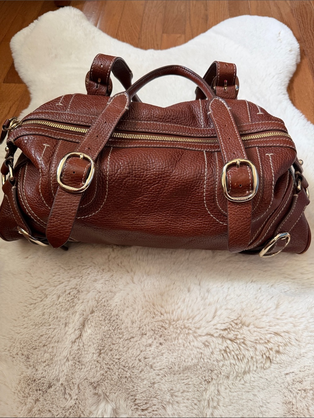 Burberry Brown Leather Duffel Bag with Gold-Tone Hardware